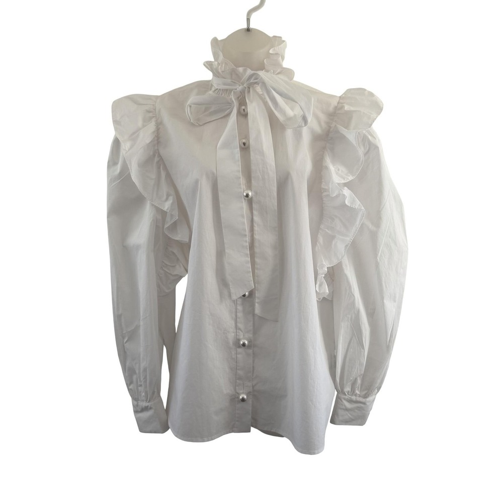 Custommade Denja Blouse Womens M White Ruffle Puff Sleeve Pearl Button Top